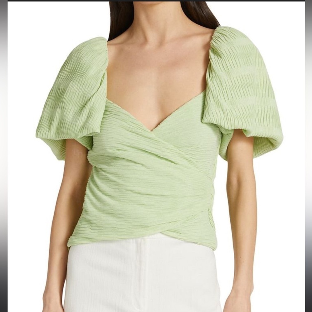 Jonathan Simkhai Light Green Plisse Knit Puff Sleeve Top Size 8